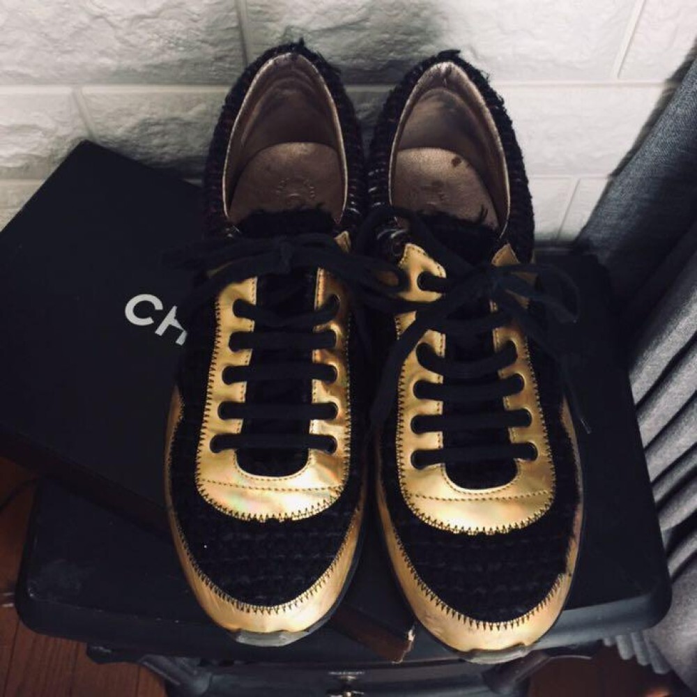 Luxury Sneakers Chanel Sneakers Black And Gold Chanel Tweed