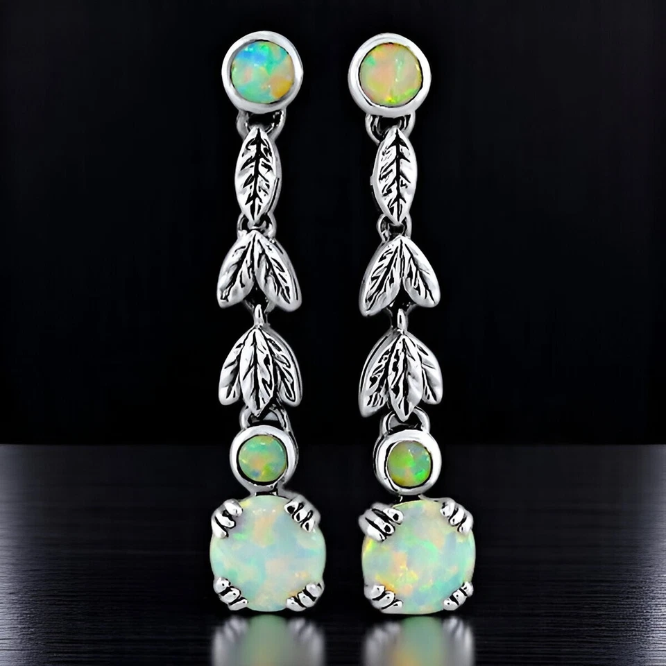 PENDIENTES COLGANTES ESTILO ANTIGUO PLATA ESTERLINA 925 ÓPALO CREADO EN LABORATORIO #665 Foto 2 de 2