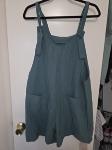 Emery Rose Teal Textured Romper Overall Shorts Pockets Women’s Large