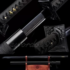 Black Blade Ninja Sword Japanese Samurai Katana Folded Steel Dragon Square Tsuba