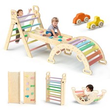 Pikler Triangle Set 7in1 Foldable Baby Climbing Toys Wooden Montessori Climbi...