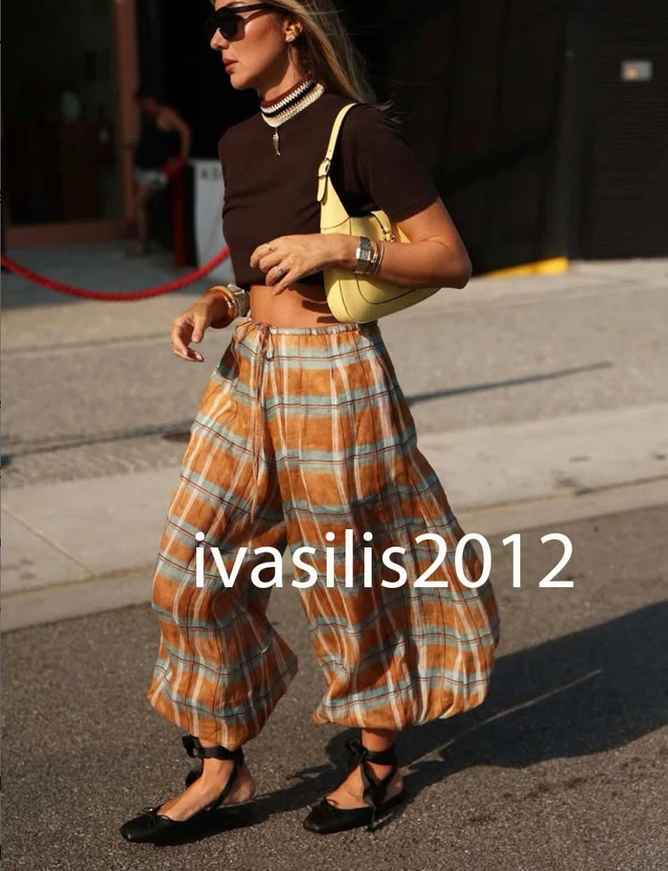 ZARA NEW WOMAN MID-RISE FW25 ZW RAMIE CHECK BALLOON PANTS ORANGE 8369/034/615