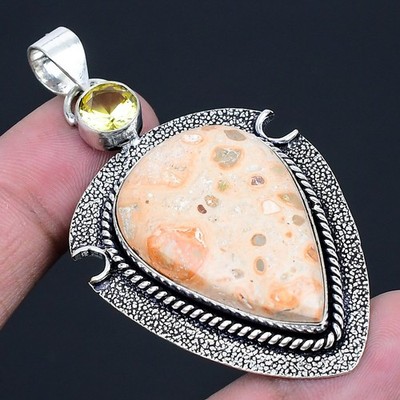 Asteroid Jasper, Citrine Gemstone 925 Sterling Silver Jewelry Pendant 2.60''