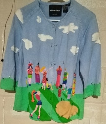 Vintage Michael Simon Golf Cardigan L Embroidered Beaded Novelty Ramie Cotton 