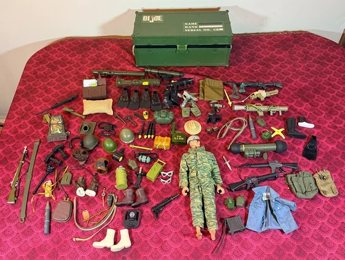 HUGE G.I. JOE GEAR LOT Vtg Plastic Footlocker Tray 12" Figure Mixed Era 75+ Pcs