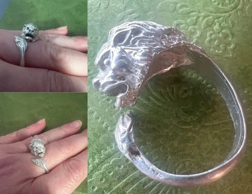 Vintage 900 Fine Silver Roaring Lion Head & Tail Wrap Adjustable UNISEX Ring 8.5