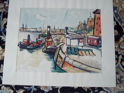Aquarell Original Unikat -  Aquarell Original Hamburg Hafen 1955 G. Lemkau