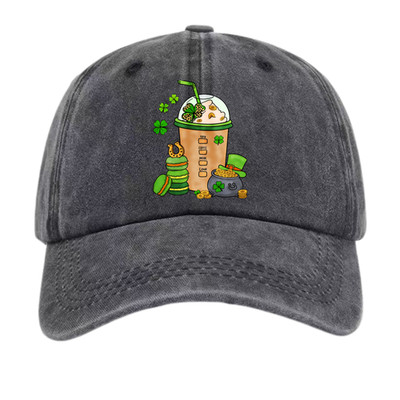 Lucky Shamrock Coffee Drink Print Washed Dad Hat Unisex Cap
