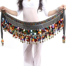 Women's Belly Dance Black Scarf with Coins  Gemstones One Size Dancewear