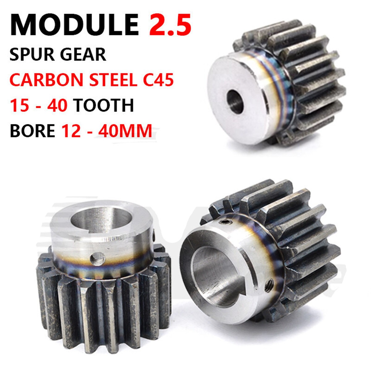 Mod 2.5 Spur Gear Steel Hardened with Hub 15-40 Tooth Motor Pinion 12-40mm Bore
