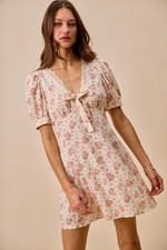 Womens Floral Lace Trim Mini Dress Bow Front Soft Feminine Summer Cream