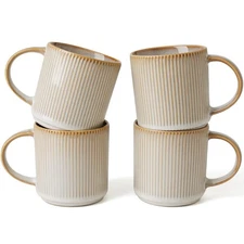 4 Set Cappuccino White Star Catering Mugs, 12 oz Ceramic Coffee Cup, Handle