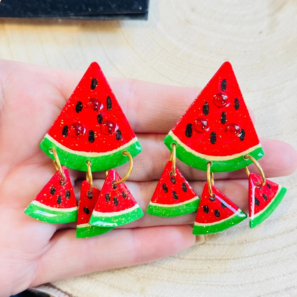 Винтажный MaM' арбуз ломтик фрукты подвеской серьги коренастый зажим дизайнер 80-х 2,5" - Изображение 2 из 4