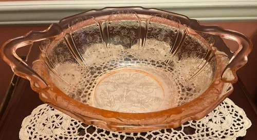 Jeannette Pink Cherry Blossom Handled Serving Bowl - 1930s Depression Glass