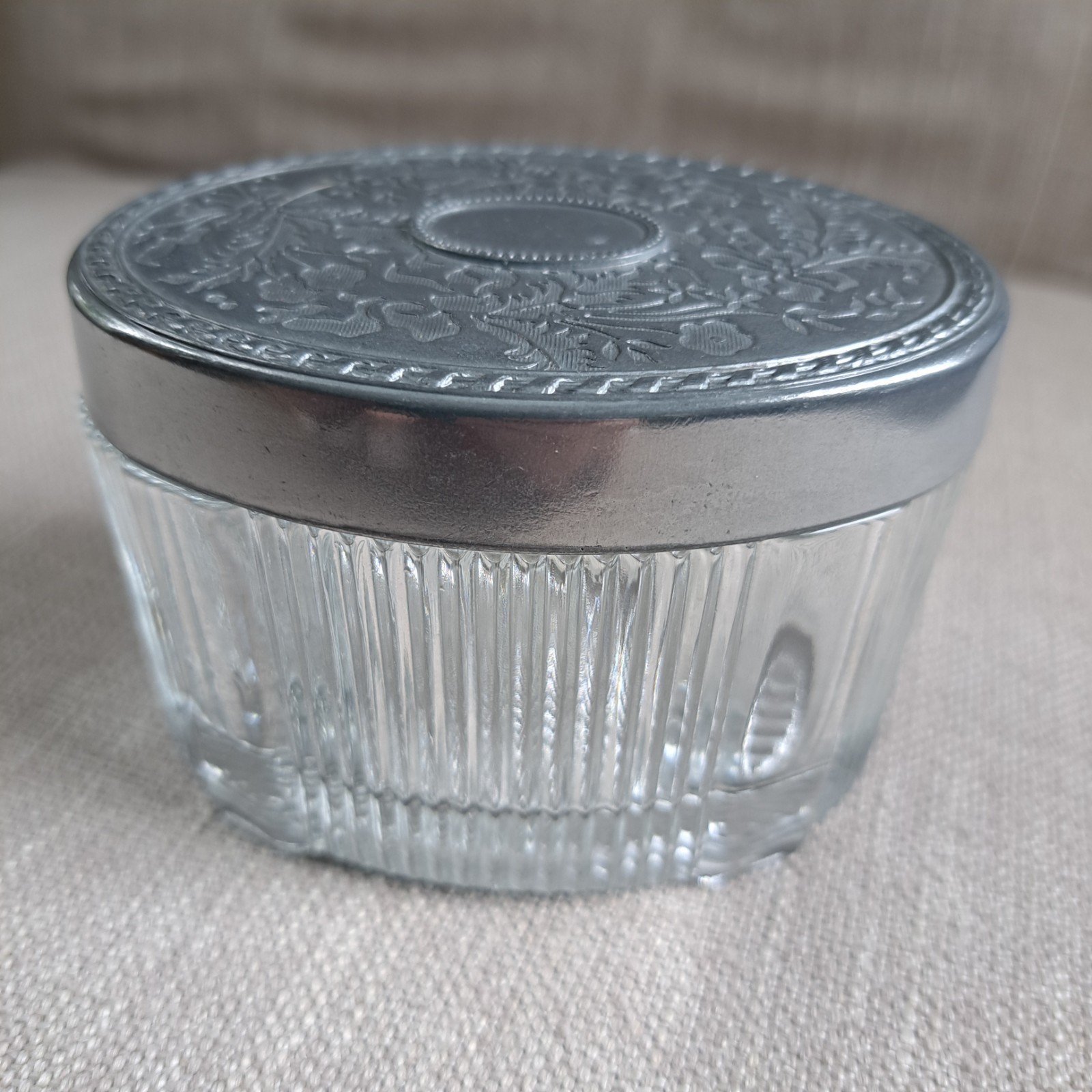 Vintage Avon Vanity Trinket / Powder / Face Cream Box Clear Glass Metal Lid