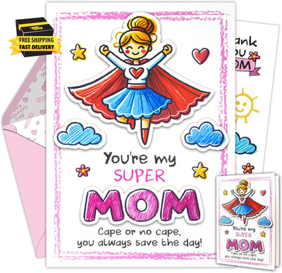 5X7In Individual Mothers Day Card from Kids with Super Mom, Clouds & Mom Cutouts