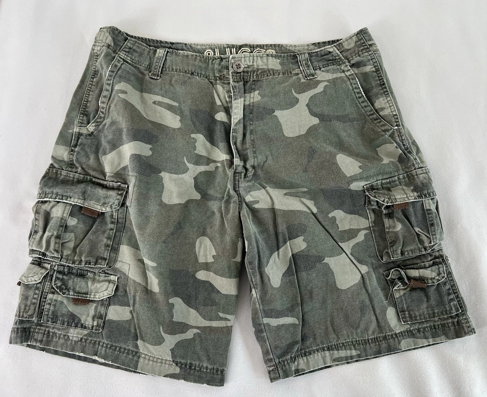 Vintage Plugg Shorts Sz 40 Camo Cargo Distressed Repaired Grunge Skate Y2K