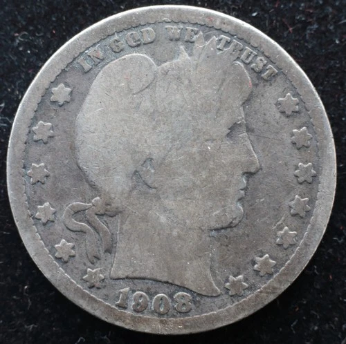 KAPPYSCOINS GH620 1908S  GOOD BARBER SILVER QUARTER