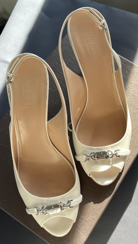 Gucci Talibu Ivory Color Leather Slingback Peep Toe Pumps Shoes Size 39, 9