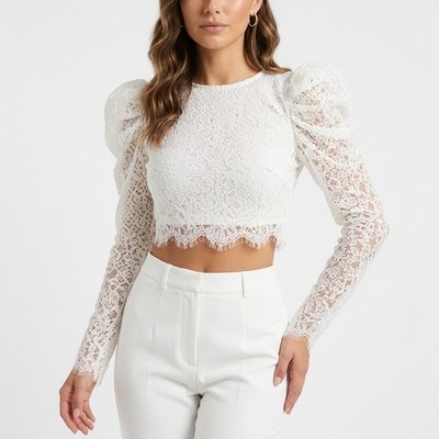 Naked Wardrobe Off White Floral Lace Ruffle Sleeve Crop Top NWSP20-T21 Small