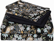 Black Paisley Floral Sheet Set Queen Size 6 Piece, Printed Pattern Soft Microfib