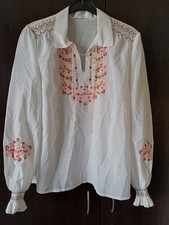 Vintage Hand Embroidered Boho Peasant Blouse White Floral Folk Tunic Shirt