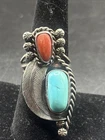 Vintage Native American Navajo Sterling Silver Turquoise & Coral Ring Sz 8 (J)