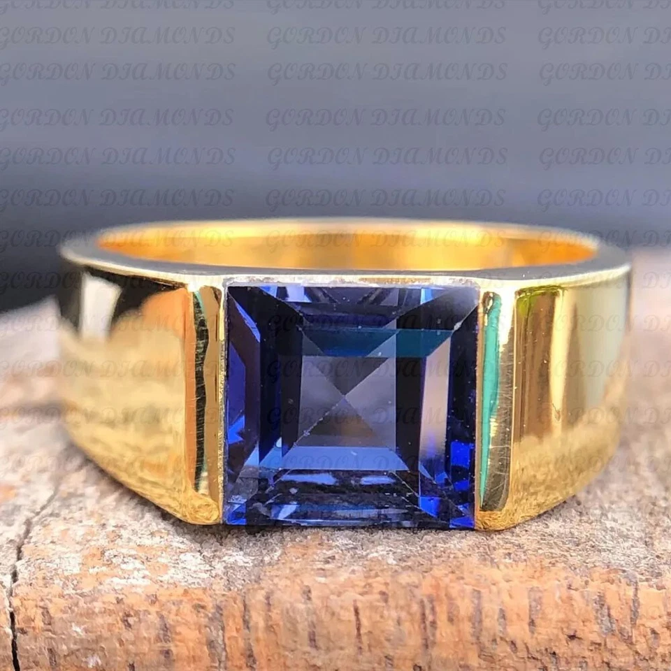 5.00ct Asscher Cut Natural Sapphire Solitaire Men's Ring 18K Yellow Gold Plated - Image 2 of 4