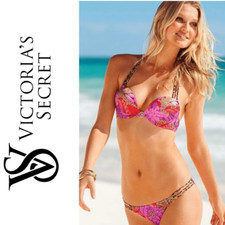 Victoria  s Secret Swim RARE Tropical Bombshell Bikini Set Red/Pink Leopard 32B/