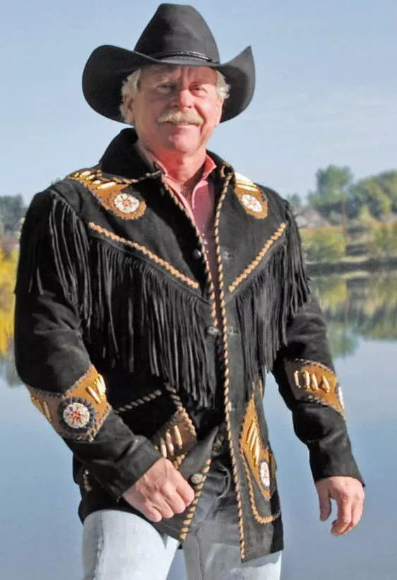 Men Harvest the Cowboy Suede Leather Native Layer Fringes Rosary Jacket