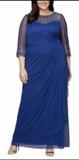 Women  s Formal Dress Size 14 P Alex Evenings Beaded Mesh A-Line Blue Long Sleeve