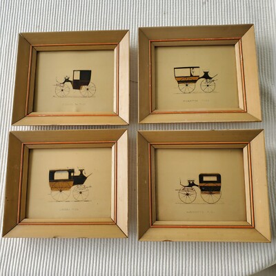 4 Horse Drawn Carriage Serigraph Prints 9.25''x8'' Vintage Wood Frame