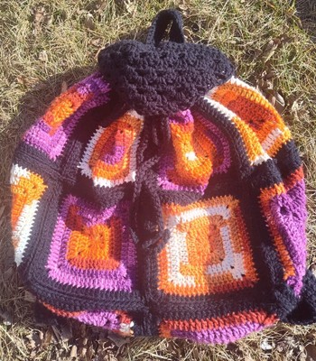 Crochet Granny Square Drawstring Backpack. Orange Purpz  display picture 2