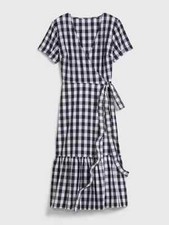 Brand New Womens Gap Navy Blue Plaid Gingham Wrap Ruffle Midi Dress Size Small S