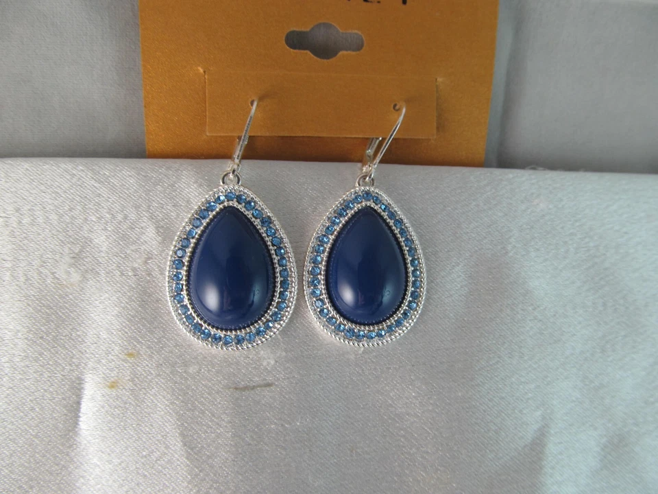 PENDIENTES COLGANTES LÁGRIMA ASPECTO "LAPIS" AZUL PLATA Y CRISTAL AZUL NUEVOS CON ETIQUETAS Foto 3 de 4