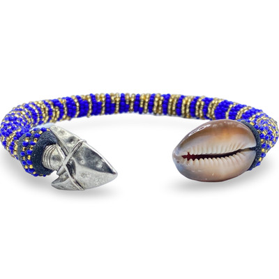 Handmade Ilde de Ochosi Bracelet - Cowrie Shells & Metal, Blue and Gold Beads -