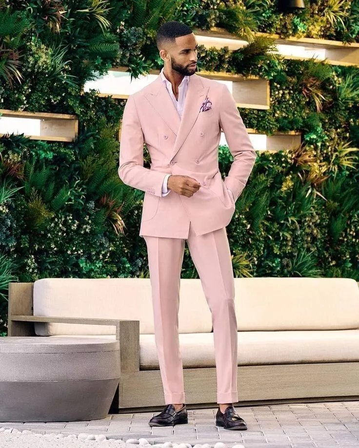 Double Breasted Pink Men Suit Peak Lapel Slim Fit Party Prom Tuxedo Wedding  Suit