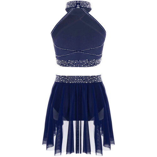 UK Girls Lyrical Dance Costume 2 Pc Halter Backless Crop Top with Skirt Outfit - Picture 24 of 105