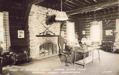 View Of The Lobby, Douglas Lodge, Itasca State Park, Douglas Lodge MN RPPC 1940