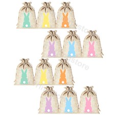 12PCS Easter Bunny Burlap Gift Bags Linen With Drawstring Rabbit Candy Gift Bag