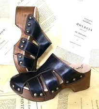 Free People Libra Fisherman Clog Wood Platform Black Leather Cut Out 40 / 10 NEW