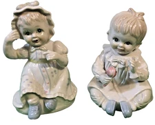 Vtg Artmark Porcelain Sitting Little Girl And Boy Nursery Decor Bright Eyes! MCM