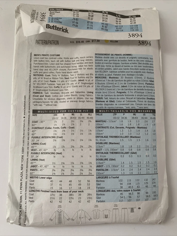 Butterick 3894 Men's Pirate Costume XS, S, M, UNCUT - Image 2 of 4