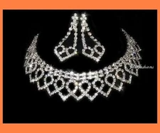 HEART AUSTRIAN CRYSTAL RHIESTONE NECKLACE EARRINGS SET BRIDAL SILVER N3191