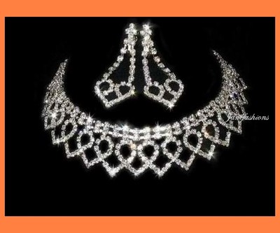 HEART AUSTRIAN CRYSTAL RHIESTONE NECKLACE EARRINGS SET BRIDAL SILVER N3191