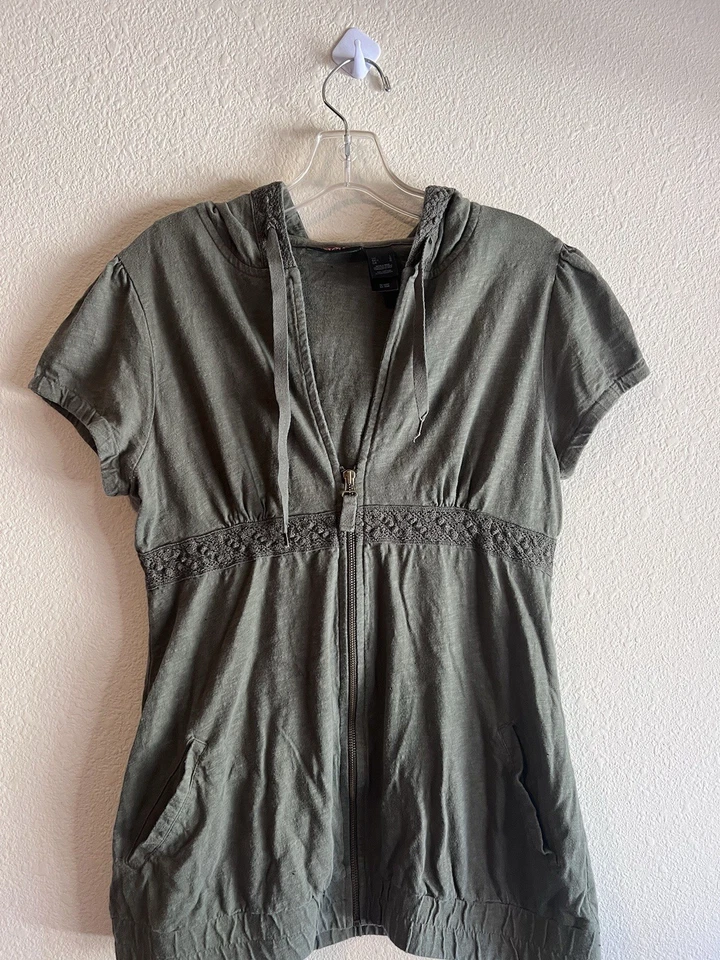 DE COLECCIÓN DKNY Activo Verde Babydoll Sudadera con Capucha Cremallera Encaje Borde Bolsillos Cintura Imperio 5 Y2K Foto 4 de 4