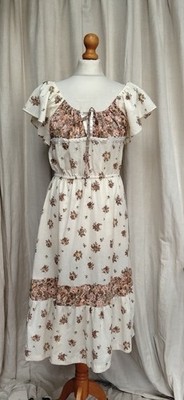 Vintage Handmade Poly Baumwolle Blumen 70er Prärie Kleid Sommer Flatterärmel 10