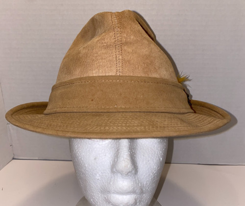 Hush Puppies 7-1/4 Vintage Tan Pigskin Feather Dog Logo Fedora Hat 60's 70's