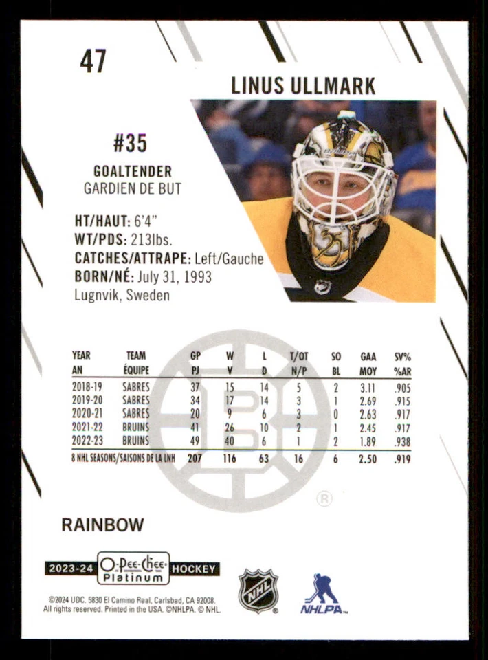 2023-24 O-Pee-Chee Platinum Rainbow #47 Linus Ullmark - Image 2 of 2