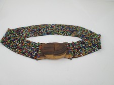 Vintage 70s Seed Bead Wide Belt Carved Wood Interlocking Clasp Stretch Bohemian